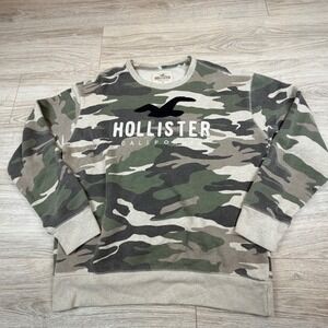 Hollister Mens XL Camo Crewneck Sweatshirt Embroidered Logo Green Camouflage